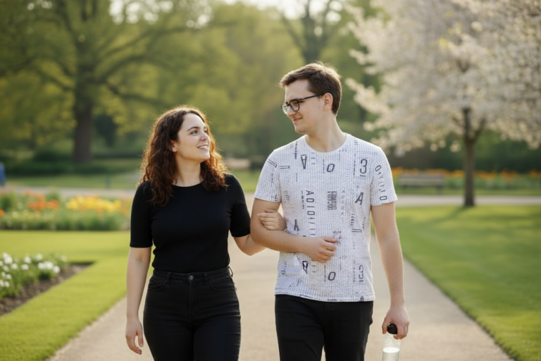 Vrolijk koppel loopt in park arm in arm